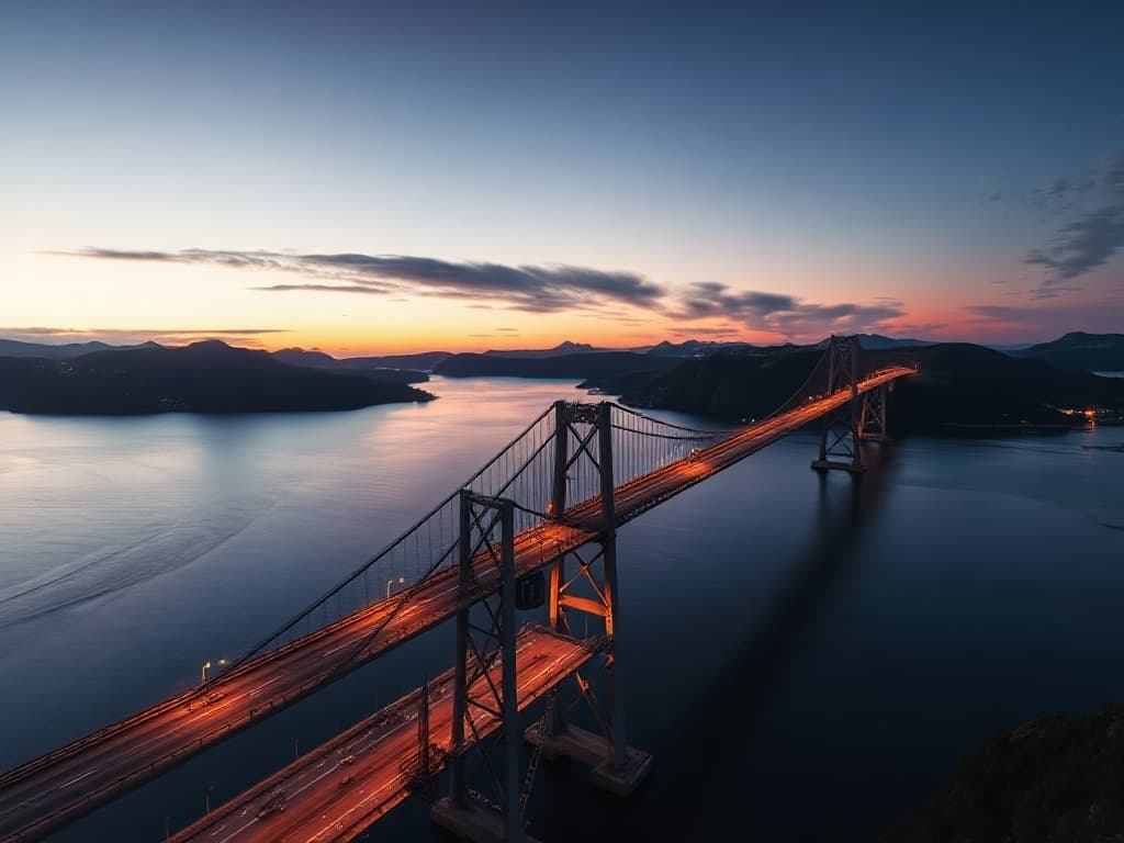 Aerial photograph of the Bjørnafjord bridge construction programme — a heavy-civil engineering engagement delivered by Anchorpoint Constructions from the Stavanger office in Norway.